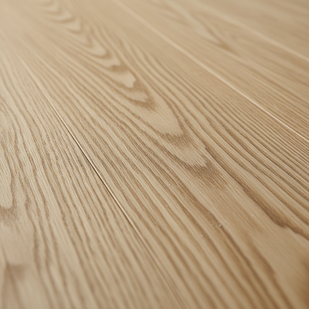 A highly detailed close-up macro photographic image of sanded oak floorboards showing the subtle ridges of the grain, perfectly smooth surface, and ultra-fine sanding marks running consistently along the plank. Tiny specks of sawdust remain in a few grain lines, hinting at recent work. The color transitions from pale beige sapwood to richer golden-brown heartwood, with a natural oil finish adding gentle depth but no gloss. Neutral, diffused studio-style lighting from above eliminates harsh reflections and clearly reveals texture. The background falls into a soft blur as the boards recede diagonally. The overall aesthetic is clinical, technical, and professional, designed to communicate the precision and quality of expert floor sanding and wood preparation before finishing.