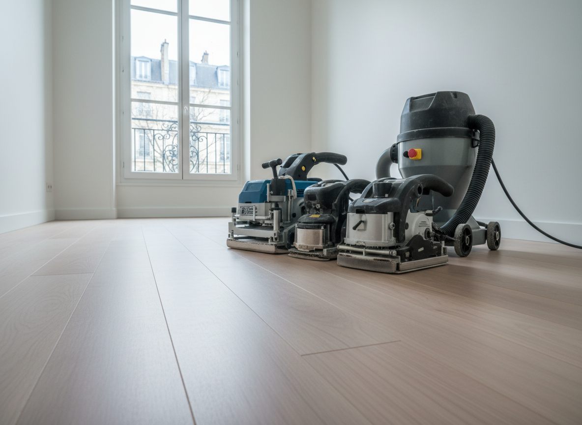A professional-grade floor sanding setup neatly arranged on a newly sanded beech floor in a minimalist French apartment interior. A modern dust-free belt sander, edging sander, and powerful industrial vacuum stand in a tidy group, their metal and plastic surfaces clean and well cared for. The pale beech boards beneath them are uniformly smooth, showing subtle pink and cream tones, running straight towards a large, bright window in the background. Cool, even daylight floods the room, creating soft reflections on the machinery and floor. Photographic realism, shot from a low three-quarter angle, with the equipment in crisp focus and the window area gently blurred. The mood is efficient, trustworthy, and technically competent, reinforcing a professional floor sanding service image.