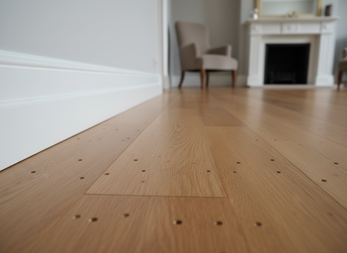 A close-up photographic image of a beautifully restored solid oak floor in a British-style living room within a French townhouse. The boards show fine grain, tiny filled nail holes, and a perfectly even satin finish, with subtle color variation between planks. The floor meets a crisp white skirting board and a pale grey wall, all spotlessly clean. Soft, diffused daylight from an unseen window highlights the smoothness and depth of the wood, creating delicate reflections along the plank edges. Shot from a low, slightly angled perspective down the length of the floor, with shallow depth of field fading into a gently blurred background. The mood is calm, professional, and impeccable, emphasizing craftsmanship and attention to detail in floor sanding and wood restoration.