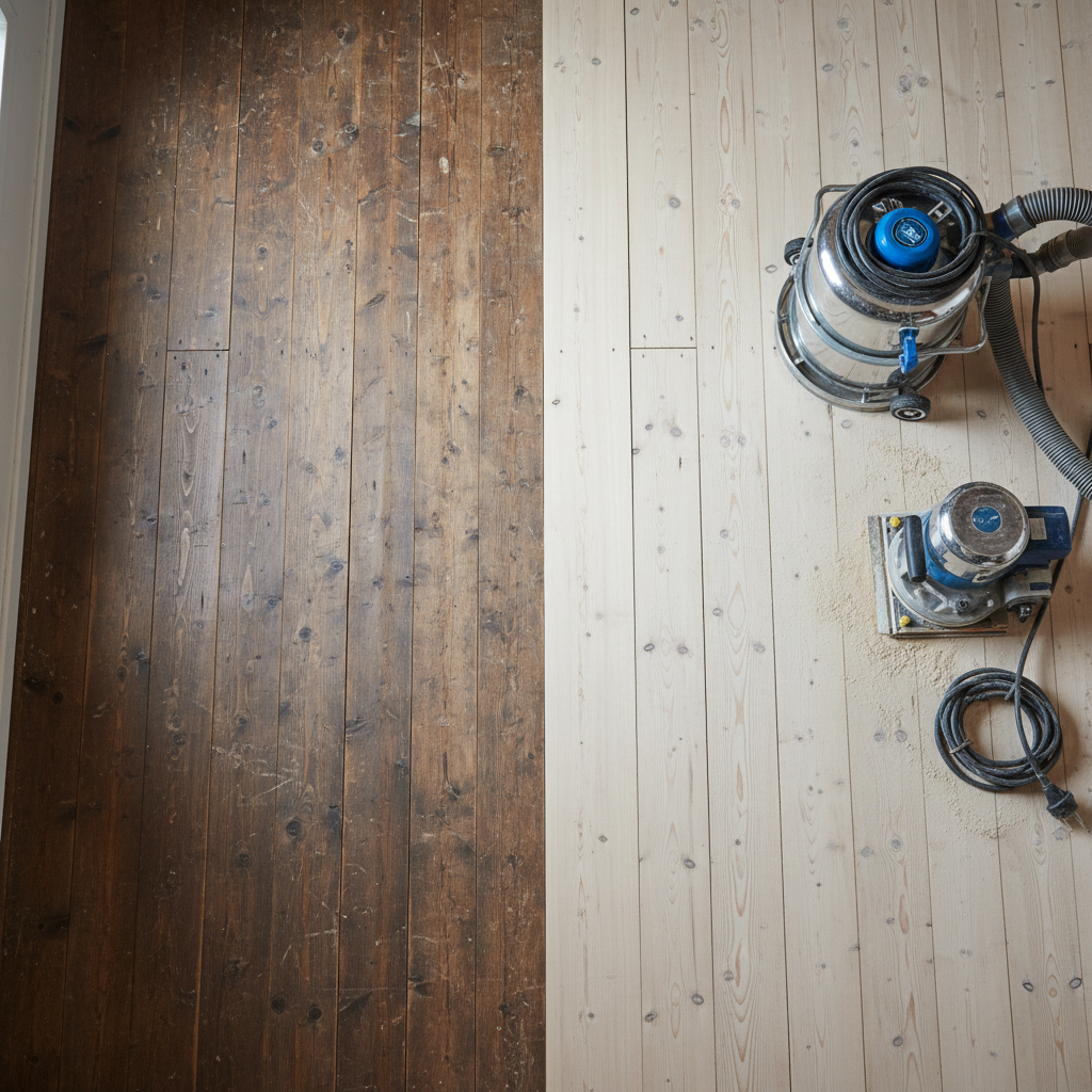A detailed overhead photographic view of a work-in-progress floor sanding project on a traditional pine plank floor in a rustic French cottage interior. Half the floorboards are still dark, worn, and stained, while the other half are freshly sanded to a pale, clean, almost raw timber tone with visible knots and character. Along one edge sits a professional drum sander and an orbital edging sander, both spotless and well-maintained, with neatly coiled power cables and dust extraction hose. Ambient workshop-style lighting mixes with cool daylight from a nearby window, creating honest, clear illumination with minimal shadows. The composition is centered on the transition line between old and newly sanded wood, conveying precision, professionalism, and the care taken during restoration.