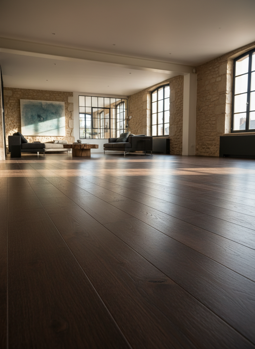 A stylish loft-style living space in a converted French barn, featuring a perfectly restored dark-stained oak floor that has been expertly sanded and refinished. The wide planks show rich chocolate-brown tones with visible grain and occasional knots, finished in a subtle satin that catches light without appearing glossy. The surrounding walls are a mix of exposed stone and smooth plaster, with large industrial-style windows along one side, slightly out of focus. Late afternoon sunlight streams through, creating dramatic but soft-edged streaks across the floor. Photographic realism, captured from a low side angle that accentuates the floor’s expanse and smoothness. The mood is contemporary yet warm, demonstrating how floor sanding and refinishing can elevate characterful French properties for British owners.