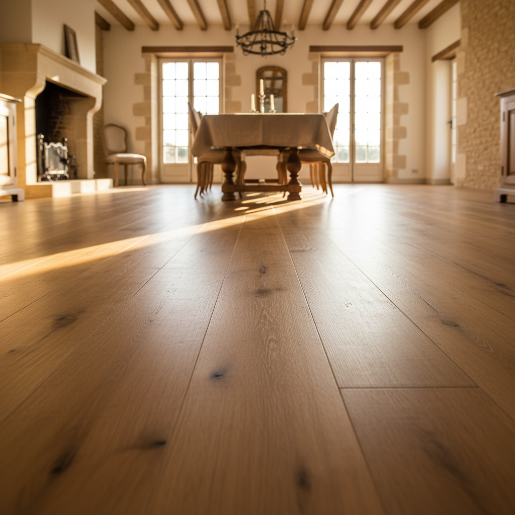 A refined dining room in a renovated French farmhouse, showcasing a flawlessly sanded and finished wide-plank oak floor. The boards run the full length of the room, featuring natural knots, subtle saw marks, and a low-sheen protective finish that looks rich yet understated. The walls are painted in a soft warm white, with exposed stone detail partially visible and gently blurred. Late afternoon sunlight filters through tall French doors, casting long, soft-edged shadows across the floor and creating a golden glow on the wood surface. Photographic realism with a slightly elevated angle to emphasise floor area, sharp focus on the foreground gradually softening towards the back. The mood is inviting, high-end, and serene, ideal for demonstrating premium floor sanding for discerning British homeowners in France.