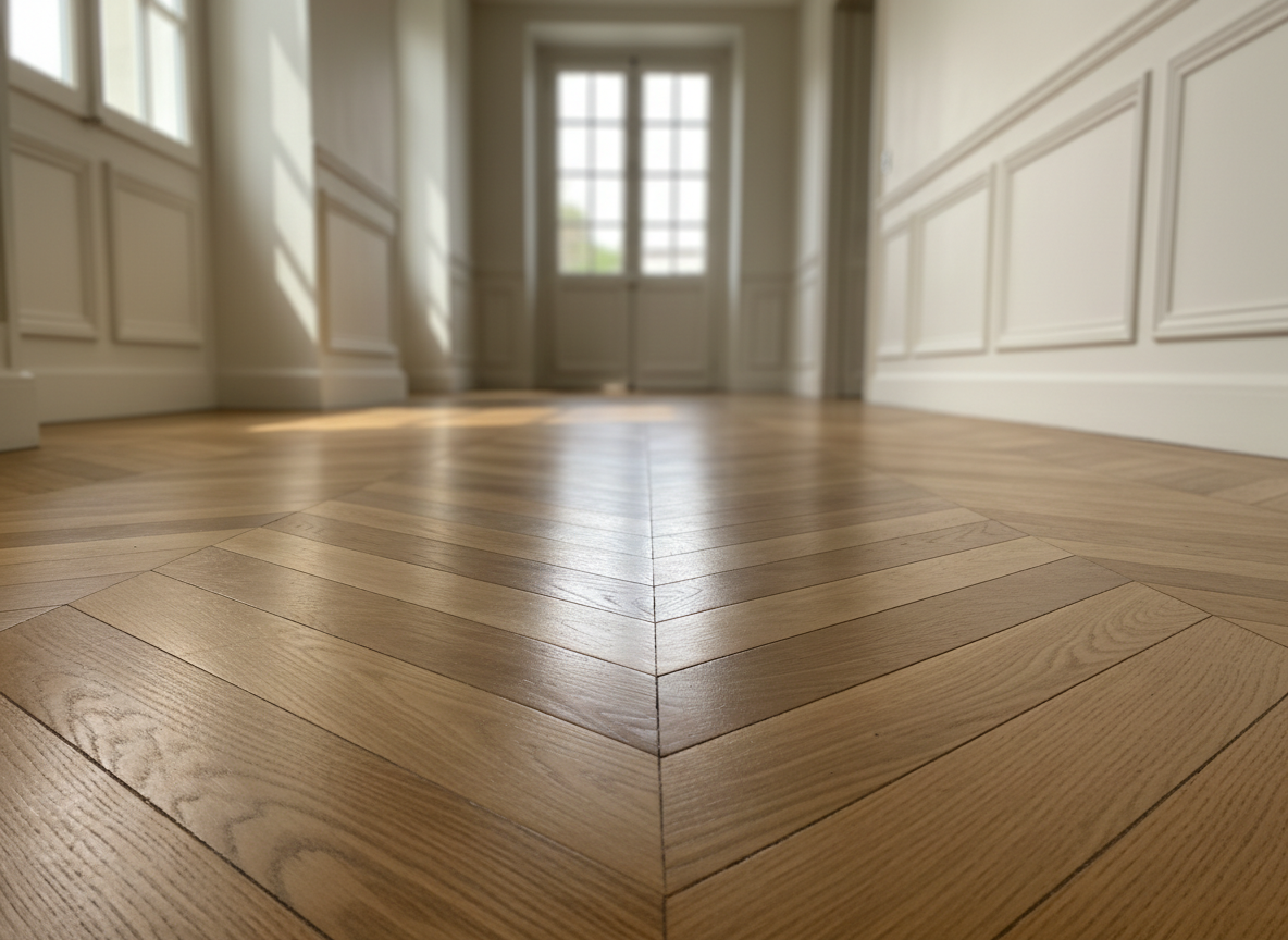 An elegant hallway in a French maison with original herringbone parquet flooring fully restored after expert sanding. The pattern of the oak blocks is perfectly defined, each piece aligned, with a natural oil finish that enhances warm amber and caramel tones. The corridor walls are painted a soft off-white with simple mouldings, and at the far end a glazed door is slightly out of focus. Morning light from side windows creates a gentle gradient across the floor, emphasising texture and depth without glare. Photographic realism, shot from a low, linear perspective looking straight down the hallway, using rule-of-thirds composition. The atmosphere is refined and timeless, showcasing the transformative effect of professional parquet sanding for British homeowners in France.